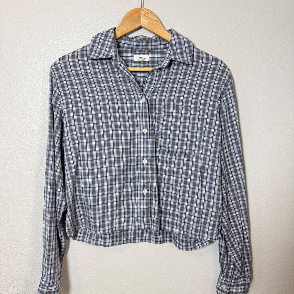 Aerie Plaid Cropped Button Up‎ Shirt Womens XS Blue Grey Long Sleeve Casual - Picture 2 of 8